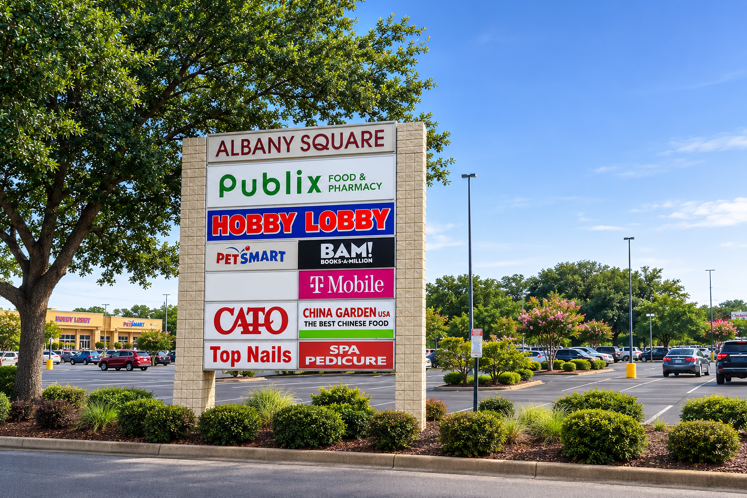 Albany Square pylon sign with tenant panels including Publix, Hobby Lobby, PetSmart, and BAM