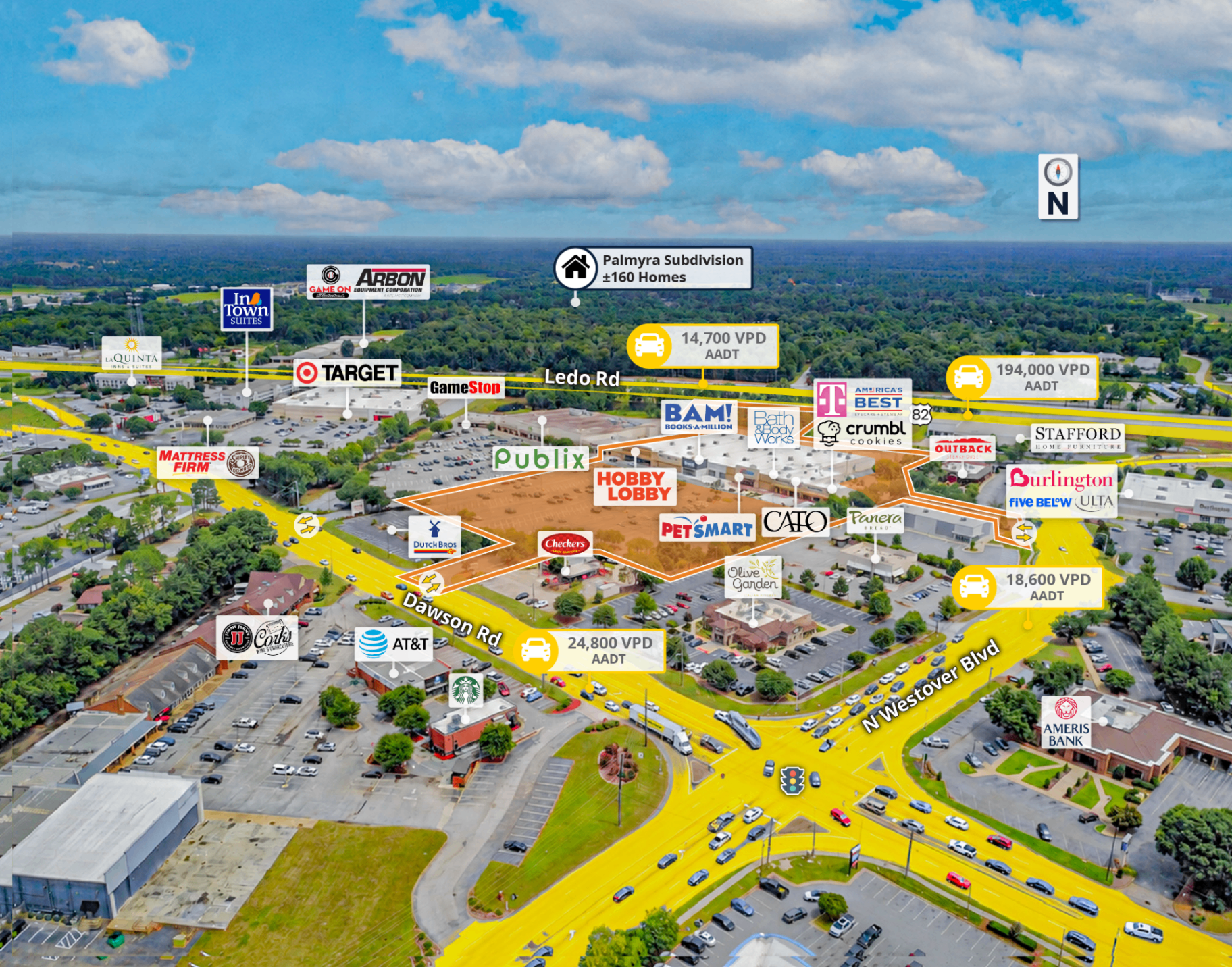 North-facing aerial of Albany Square with tenant markers and traffic counts
