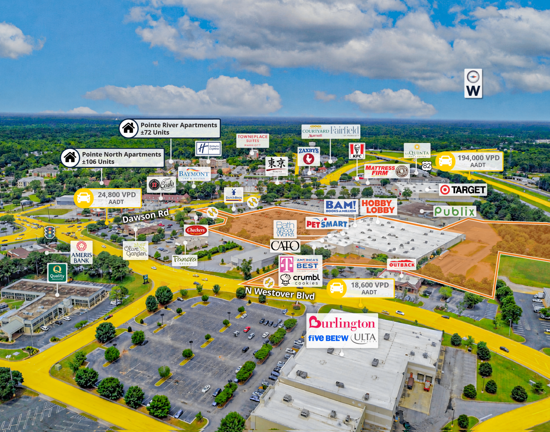 West-facing aerial of Albany Square with Burlington, Five Below, Ulta context
