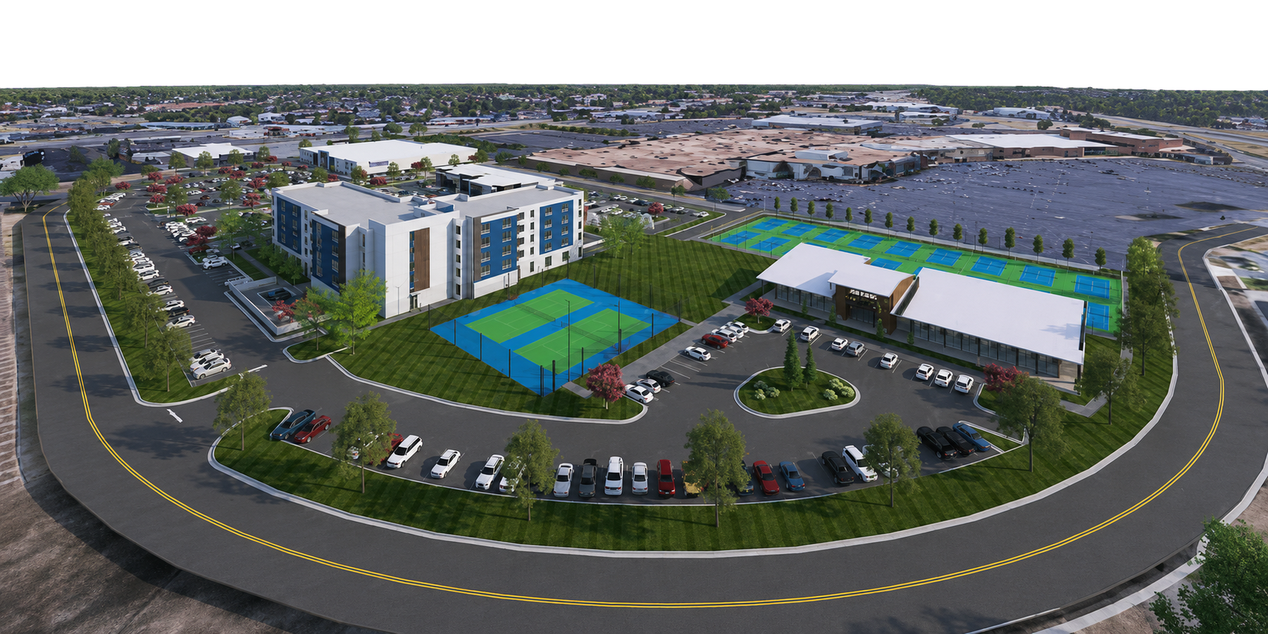 Albany Mall redevelopment rendering — mixed-use entertainment hub adjacent to Albany Square