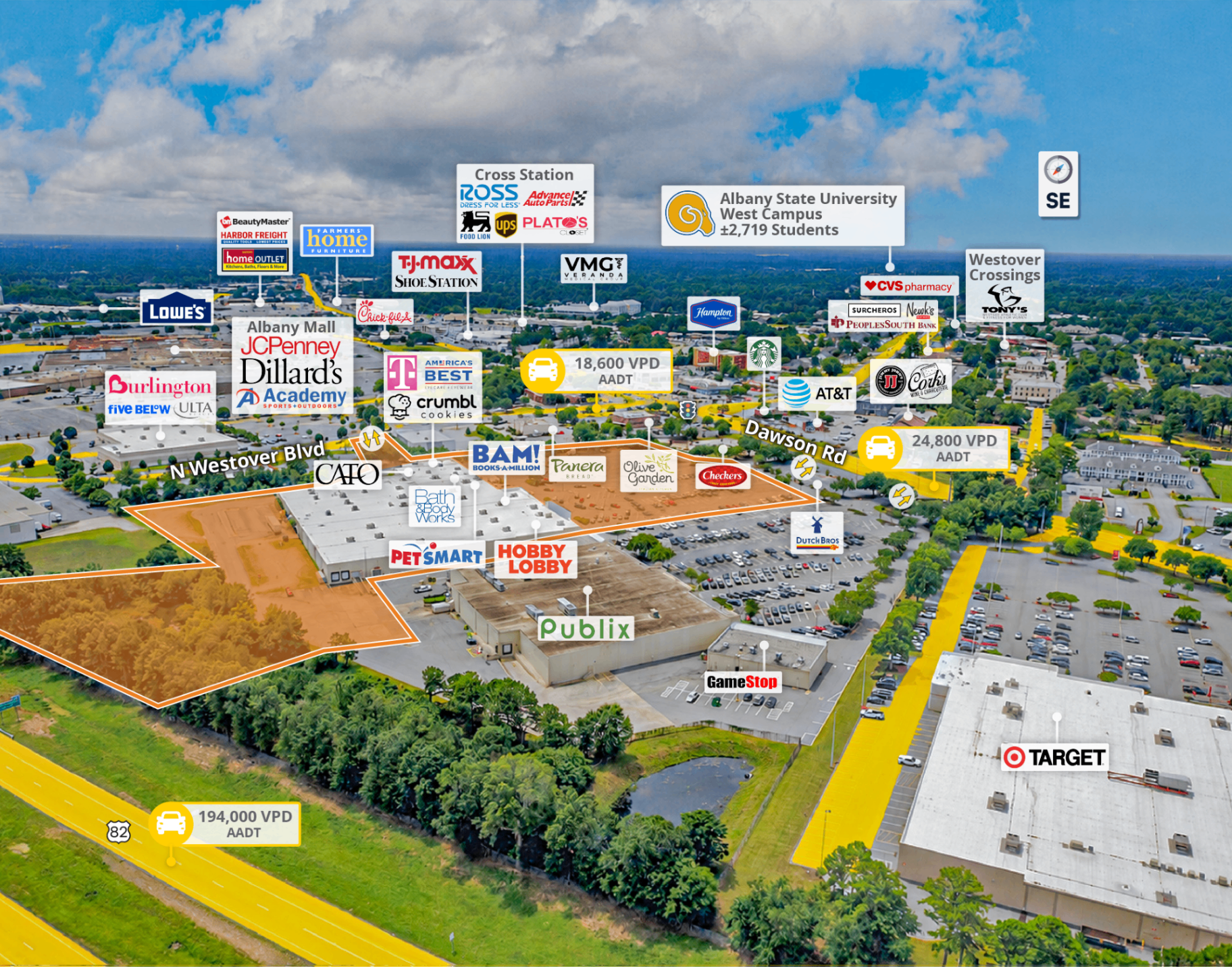 Southeast aerial of Albany Square showing retail context and Publix
