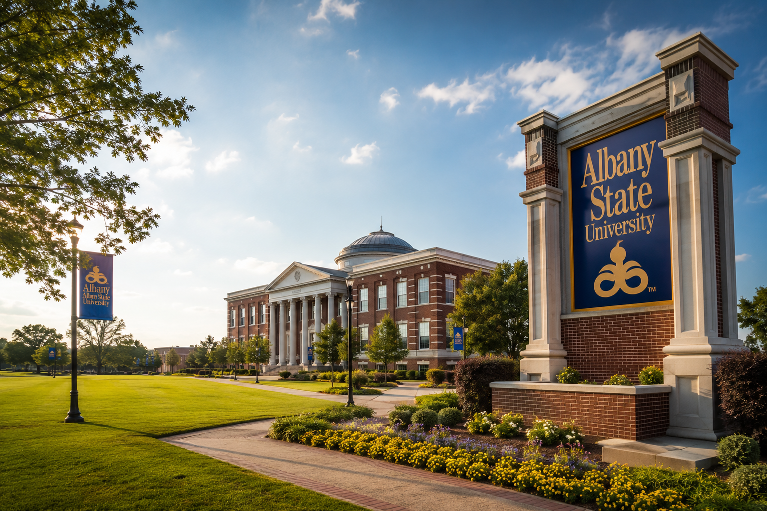 Albany State University campus with monument sign and administration building