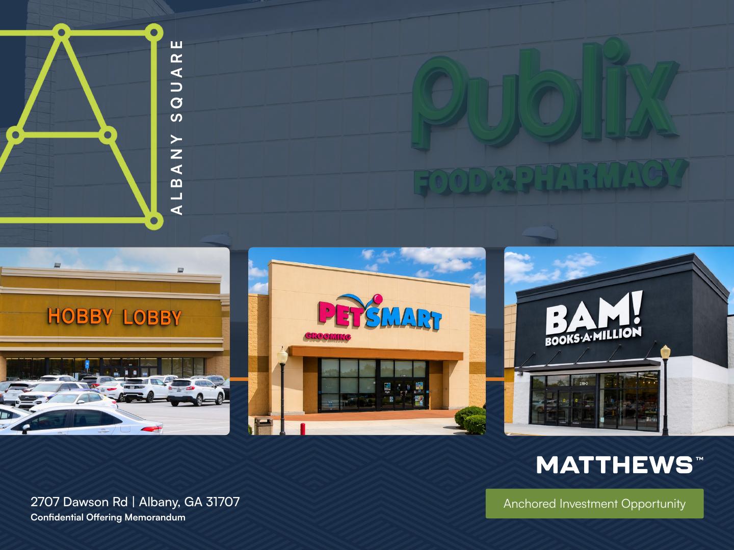 Albany Square cover — Publix, Hobby Lobby, PetSmart, BAM Books-A-Million